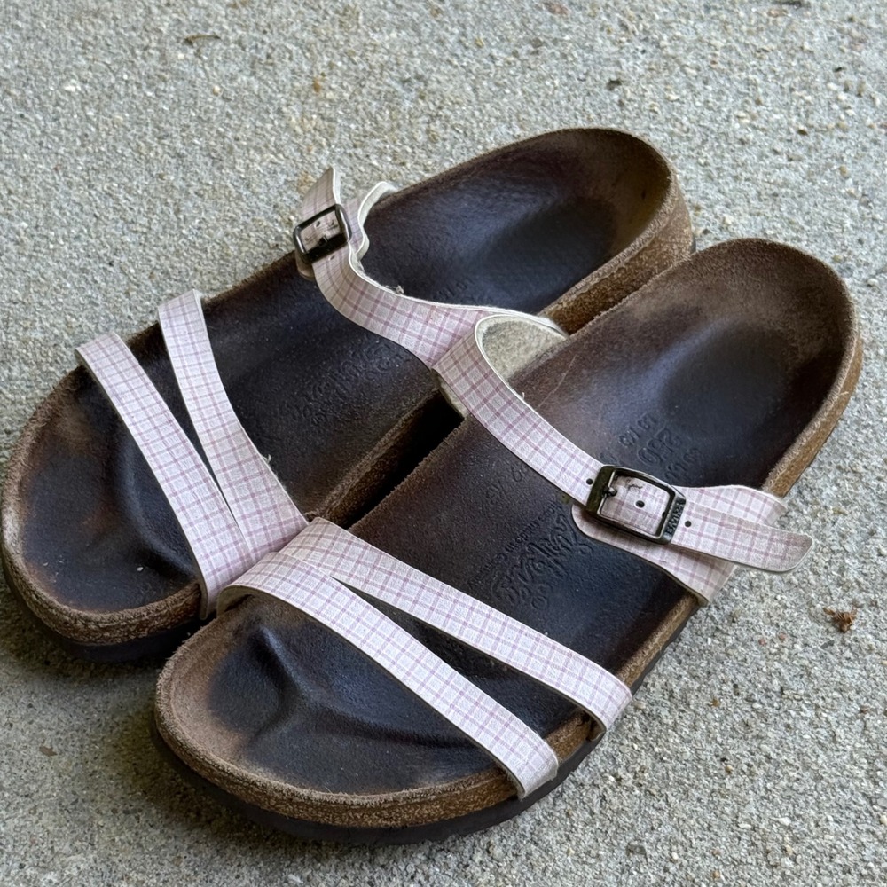Birkis Birkenstock Salina Sandals Pink Gingham Plaid Strappy Slides Womens 39